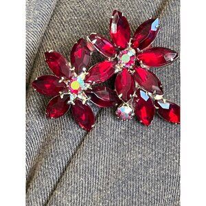 Vintage Signed Weiss ruby red navettes make up 2 flowers with AB centers